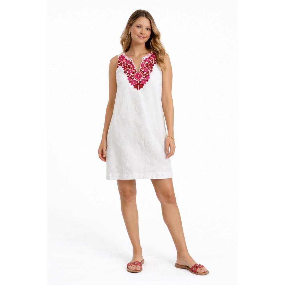 J. Crew 100% Linen Dress Sz S White Embroidered Lined Pockets Coastal Resort